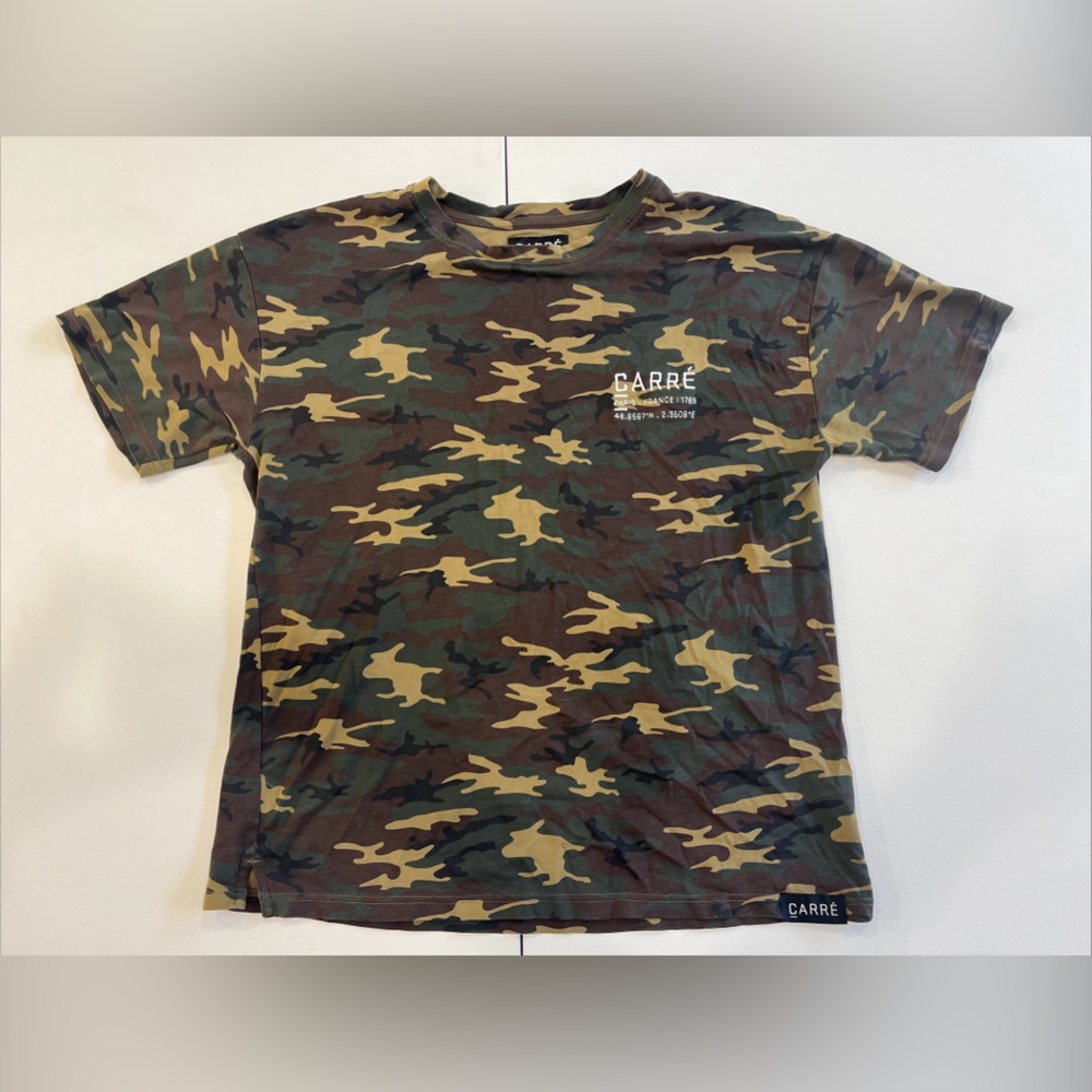 Carre Paris Men's Crew Neck T-Shirt Camo Logo Military Army Street Wear Size M